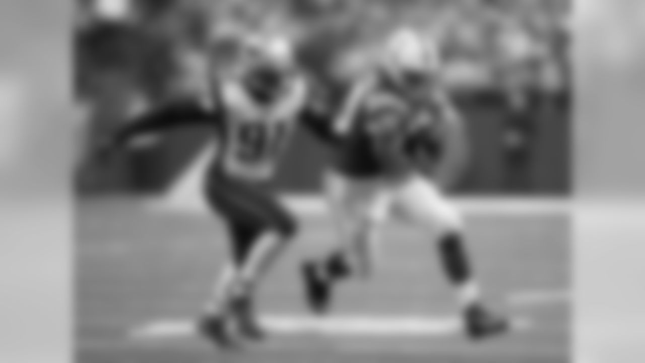 Indianapolis Colts tight end Coby Fleener (80) is chased down by New England Patriots outside linebacker Jamie Collins (91) during an NFL football game in Indianapolis, Sunday, Oct. 18, 2015.