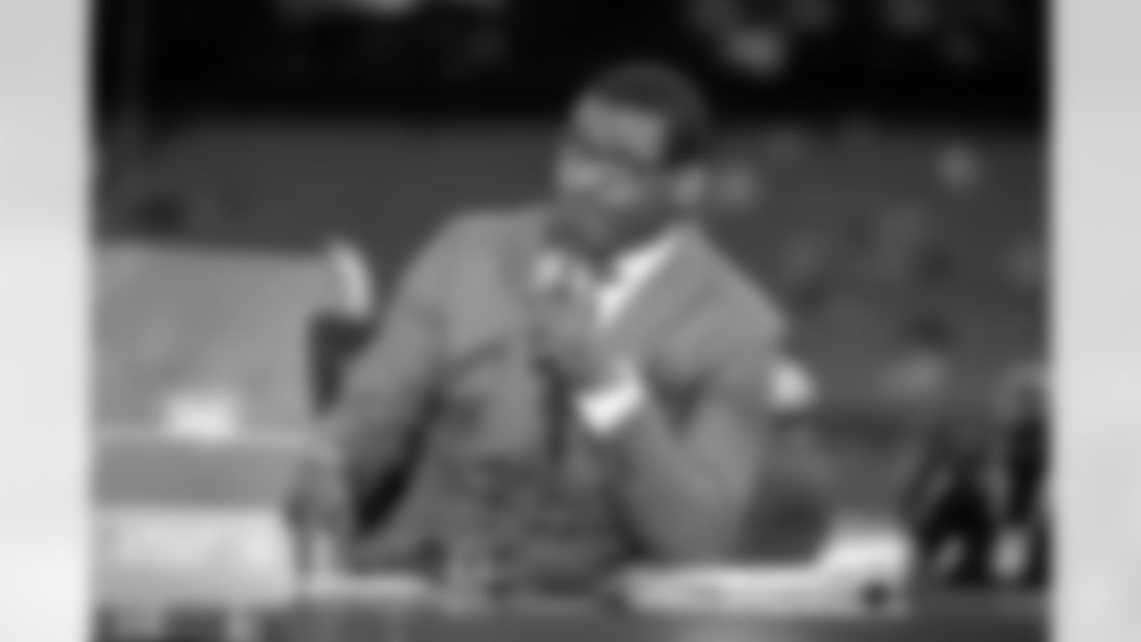 NFL Network analyst and Pro Football Hall of Famer Michael Irvin speaks on set prior to the NFL Super Bowl LI football game between the New England Patriots and the Atlanta Falcons at NRG Stadium on Sunday, February 5, 2017 in Houston, TX. (Ben Liebenberg via AP)
