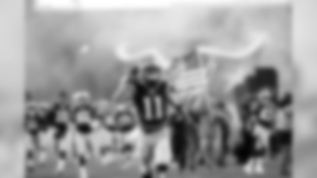 New England Patriots wide receiver Julian Edelman (11) reacts after running out for intros prior to a game against the Houston Texans, Saturday, Jan. 14, 2017 in Foxborough, Mass. The New England Patriots won 34-16. (Logan Bowles via AP Images)