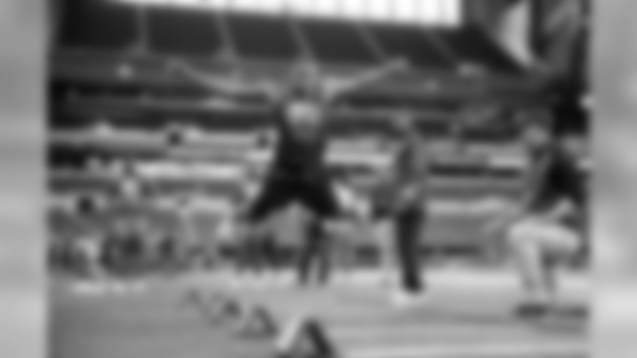 Arkansas defensive lineman Trey Flowers participates in the broad jump during the 2015 NFL Scouting Combine at Lucas Oil Stadium on Sunday, February 22, 2015 in Indianapolis, IN. (AP Photo/Ben Liebenberg)