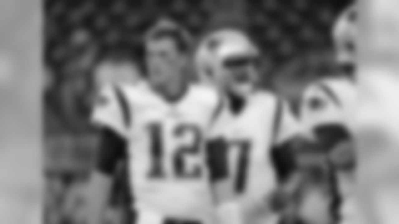 New England Patriots quarterback Tom Brady (12) and quarterback Jacoby Brissett (7) before an NFL football preseason game against the Houston Texans Saturday, Aug. 19, 2017, in Houston. (AP Photo/David J. Phillip)