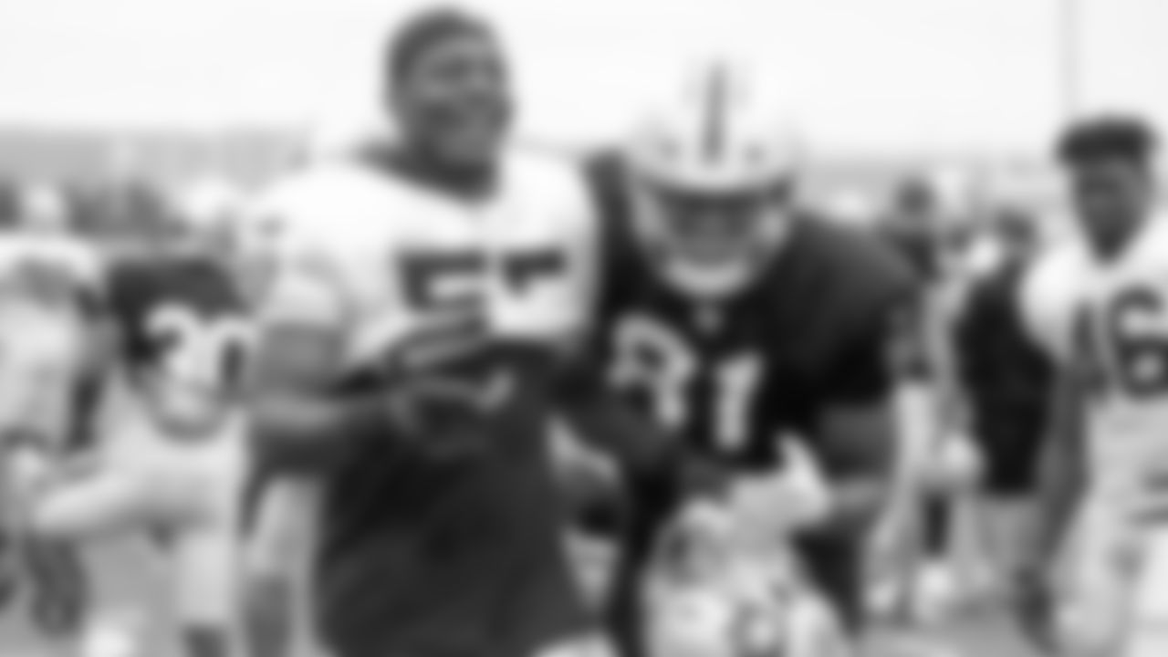 Oakland Raiders linebacker Marquel Lee (55) and tight end Pharaoh Brown (81) on the field for a preseason practice, Tuesday, August 21, 2018, in Alameda, California.