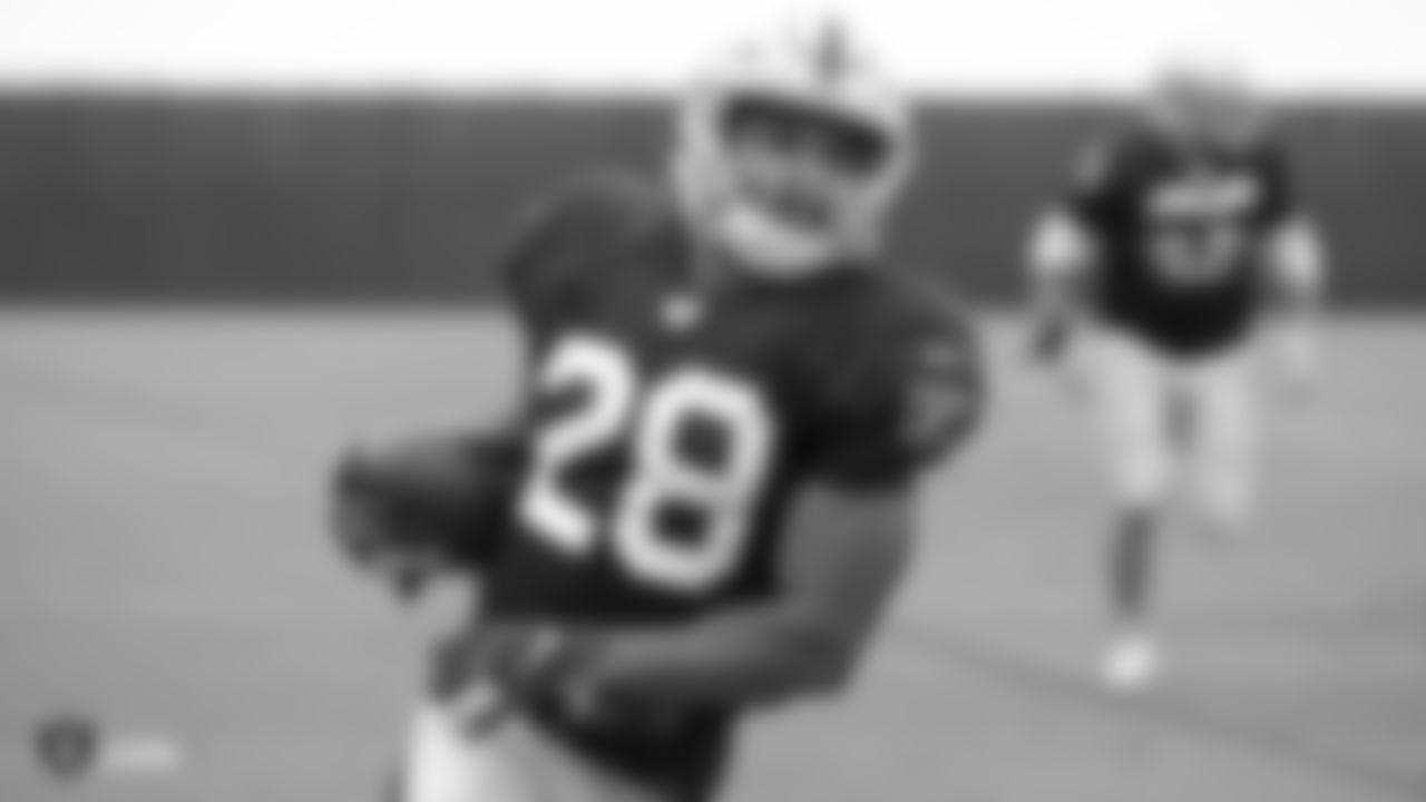 Oakland Raiders running back Doug Martin (28) on the field for a preseason practice, Tuesday, August 21, 2018, in Alameda, California.