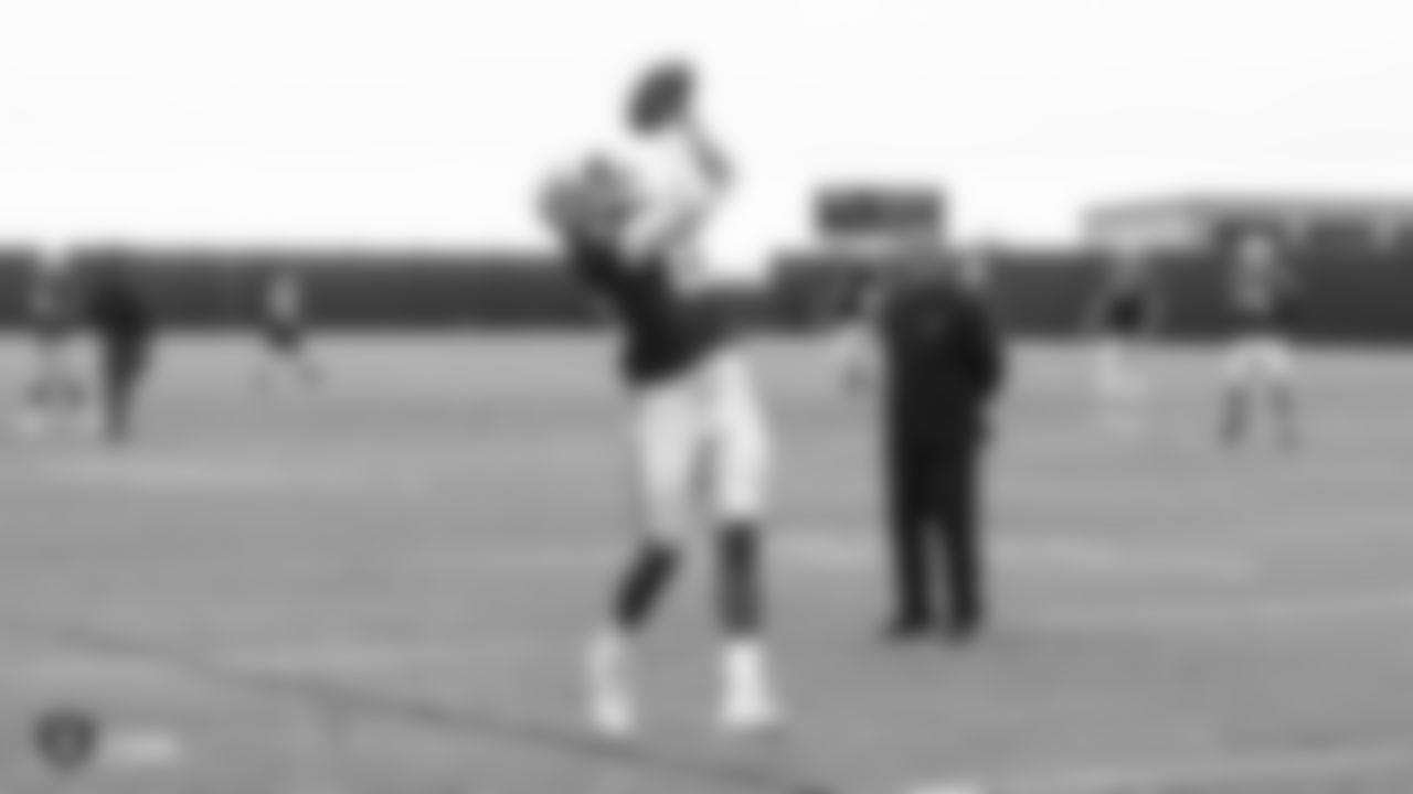 Oakland Raiders wide receiver Marcell Ateman (88) and offensive coordinator Greg Olson on the field for a preseason practice at the Oakland Raiders Practice Facility, Tuesday, August 21, 2018, in Alameda, California.