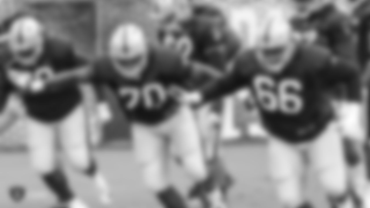 Oakland Raiders offensive guard Denver Kirland (79), offensive guard Kelechi Osemele (70), and offensive guard Gabe Jackson (66) on the field for a preseason practice at the Oakland Raiders Practice Facility, Tuesday, August 21, 2018, in Alameda, California.