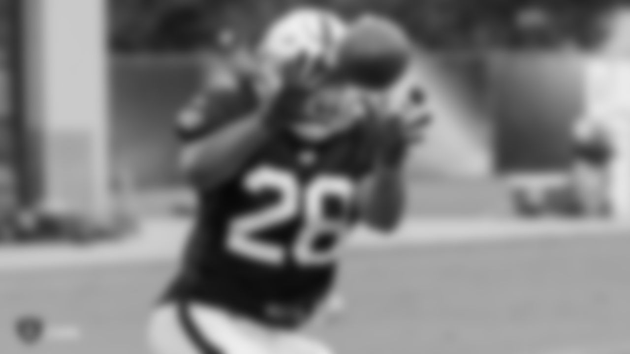 Oakland Raiders running back Doug Martin (28) on the field for a preseason practice, Tuesday, August 21, 2018, in Alameda, California.