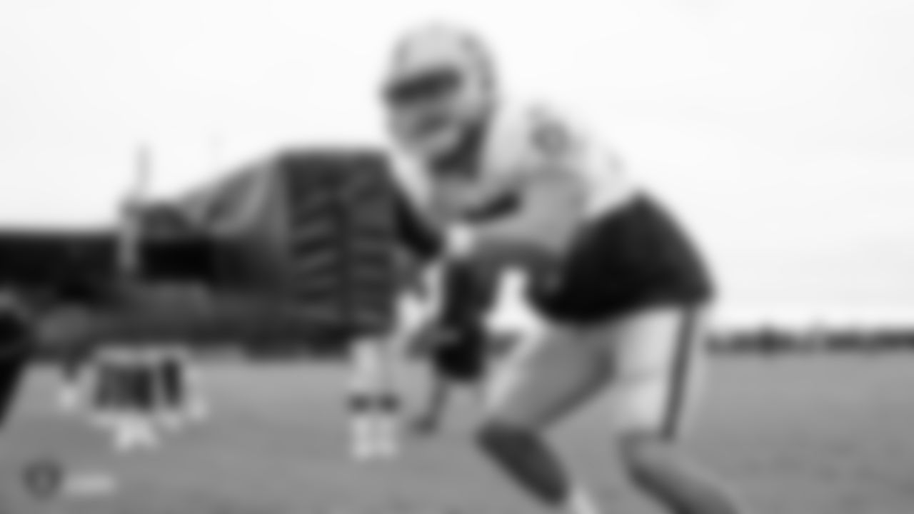 Oakland Raiders defensive end James Cowser (47) on the field for a preseason practice at the Oakland Raiders Practice Facility, Tuesday, August 21, 2018, in Alameda, California.