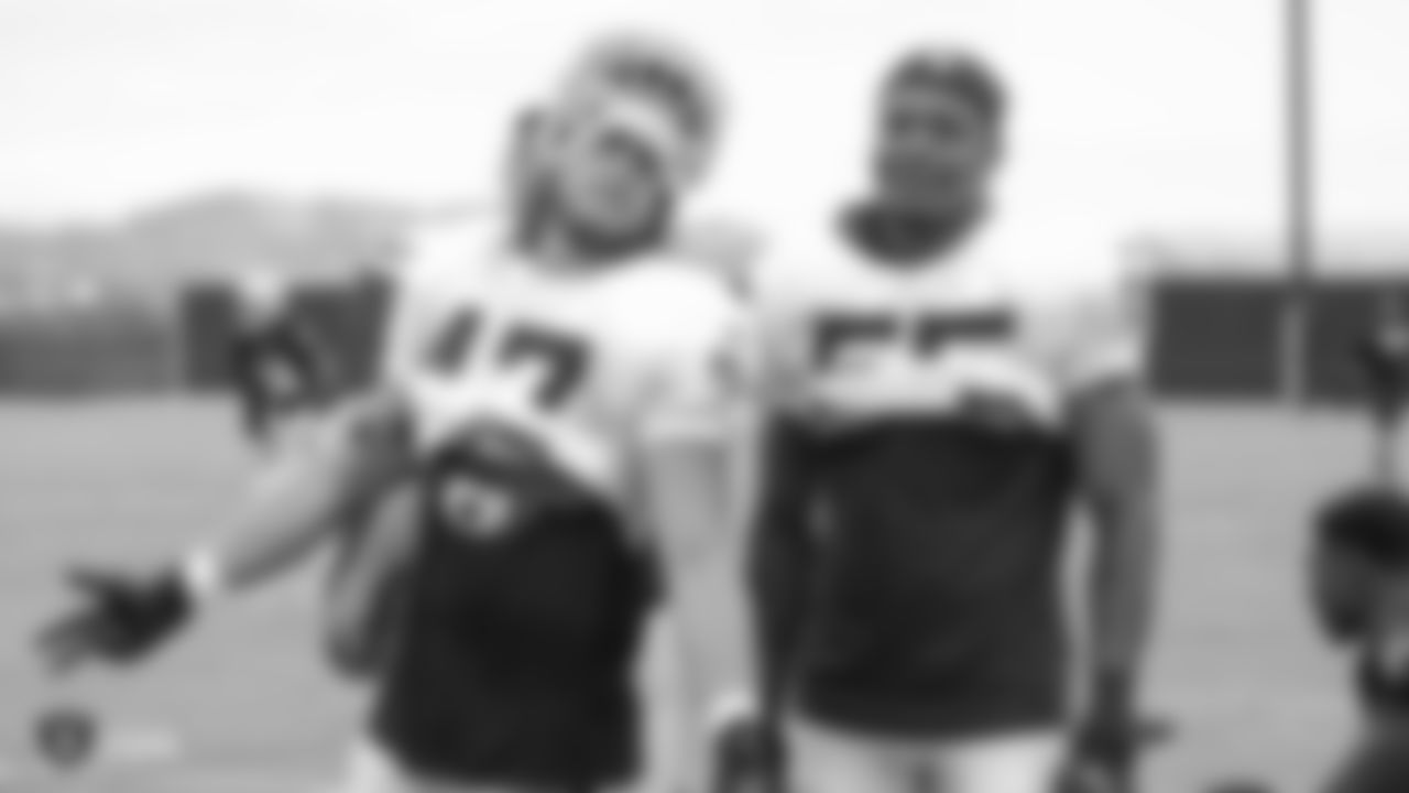Oakland Raiders linebackers James Cowser (47) and Marquel Lee (55) on the field for a preseason practice, Tuesday, August 21, 2018, in Alameda, California.
