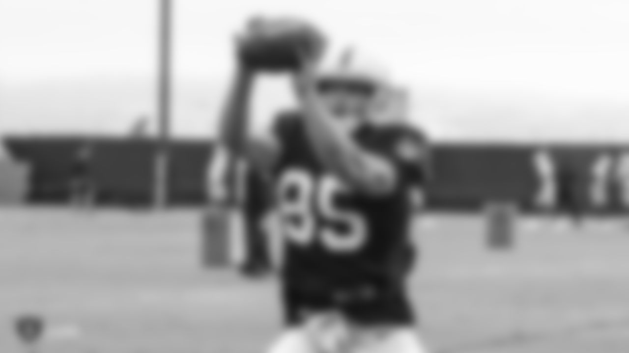 Oakland Raiders tight end Derek Carrier (85) on the field for a preseason practice at the Oakland Raiders Practice Facility, Tuesday, August 21, 2018, in Alameda, California.