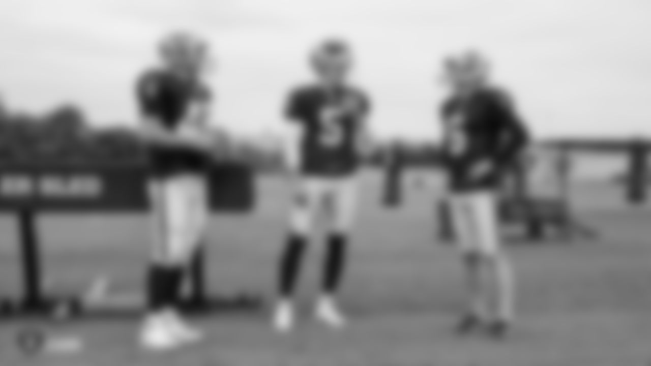 Oakland Raiders long snapper Andrew DePaola (48), punter Johnny Townsend (5), and kicker Mike Nugent (6) on the field for a preseason practice at the Oakland Raiders Practice Facility, Tuesday, August 21, 2018, in Alameda, California.