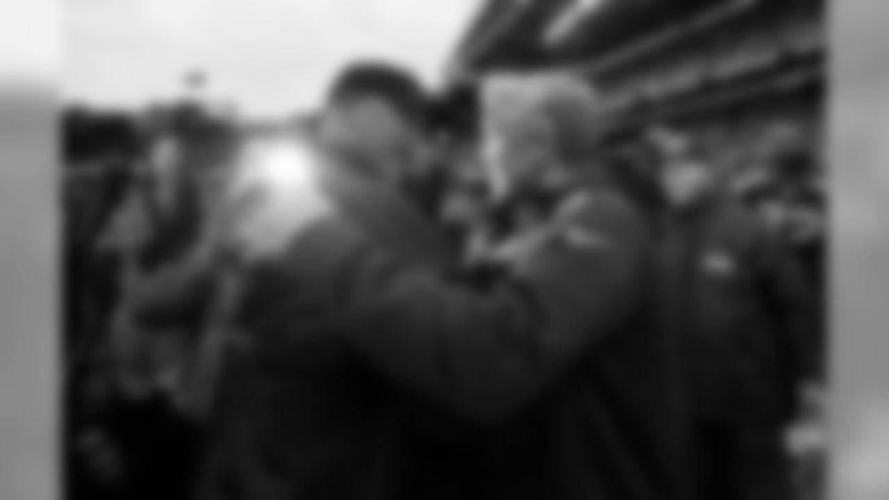 Head coaches Gus Bradley and Pete Carroll greet each other at midfield after the game. Bradley served as defensive coordinator for Carroll in Seattle before taking the head job in Jacksonville this season.