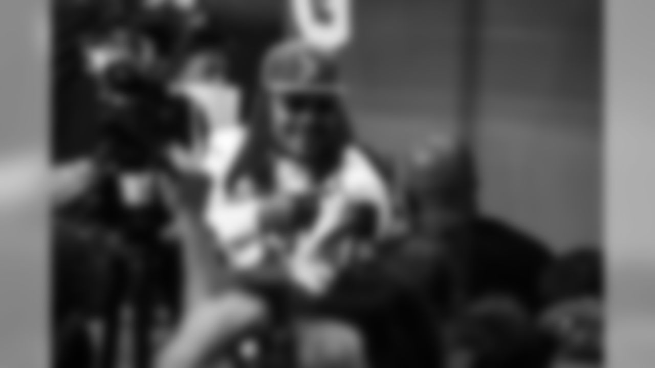 Most of the media was interested in Seahawks running back Marshawn Lynch, who appeared at a player station and engaged reporters, often with a smile.
