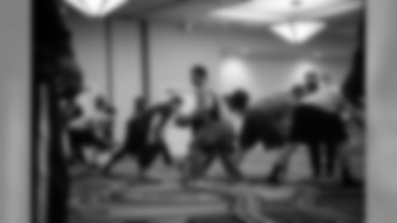 Quarterback Russell Wilson and the Seahawks offense took part in a brief walk-thru in the ballroom of the team's St. Louis area hotel.