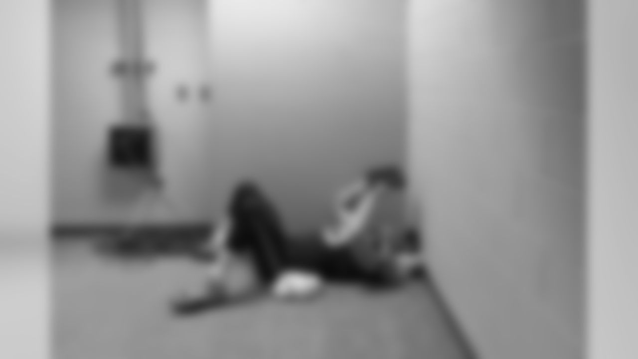 Seahawks long snapper Clint Gresham relaxes and mentally prepares as pregame warmups near.