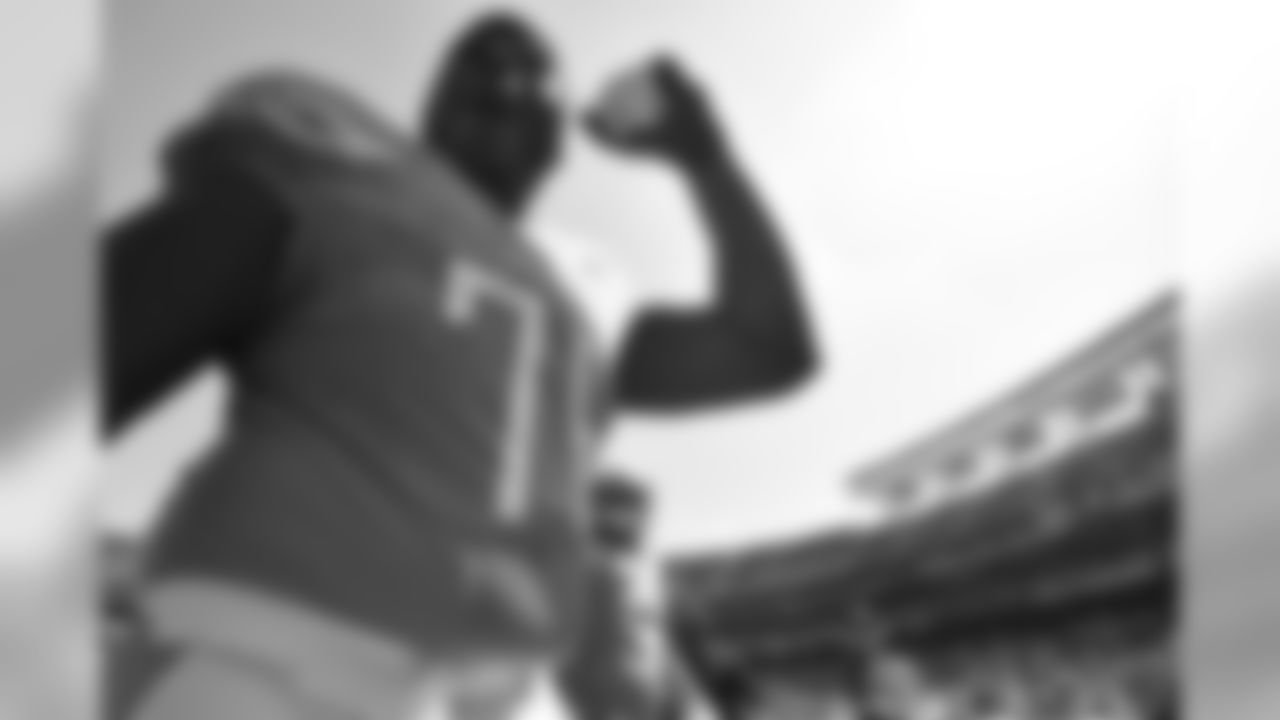 San Diego Chargers tackle D.J. Fluker reacts to the crowd before playing the Kansas City Chiefs in an NFL football game Sunday, Oct. 19, 2014, in San Diego. (AP Photo/Denis Poroy)