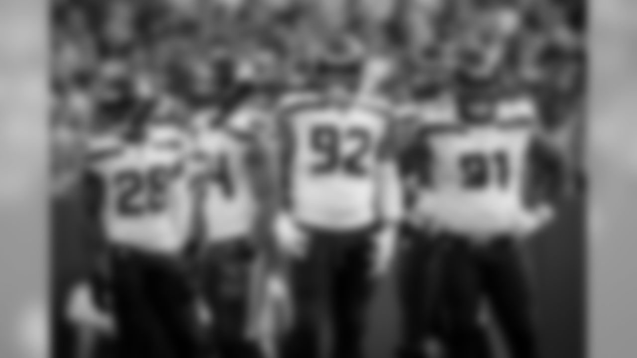 Seattle defenders Justin Coleman, Bobby Wagner, Nazair Jones and Sheldon Richardson wait for the next play.