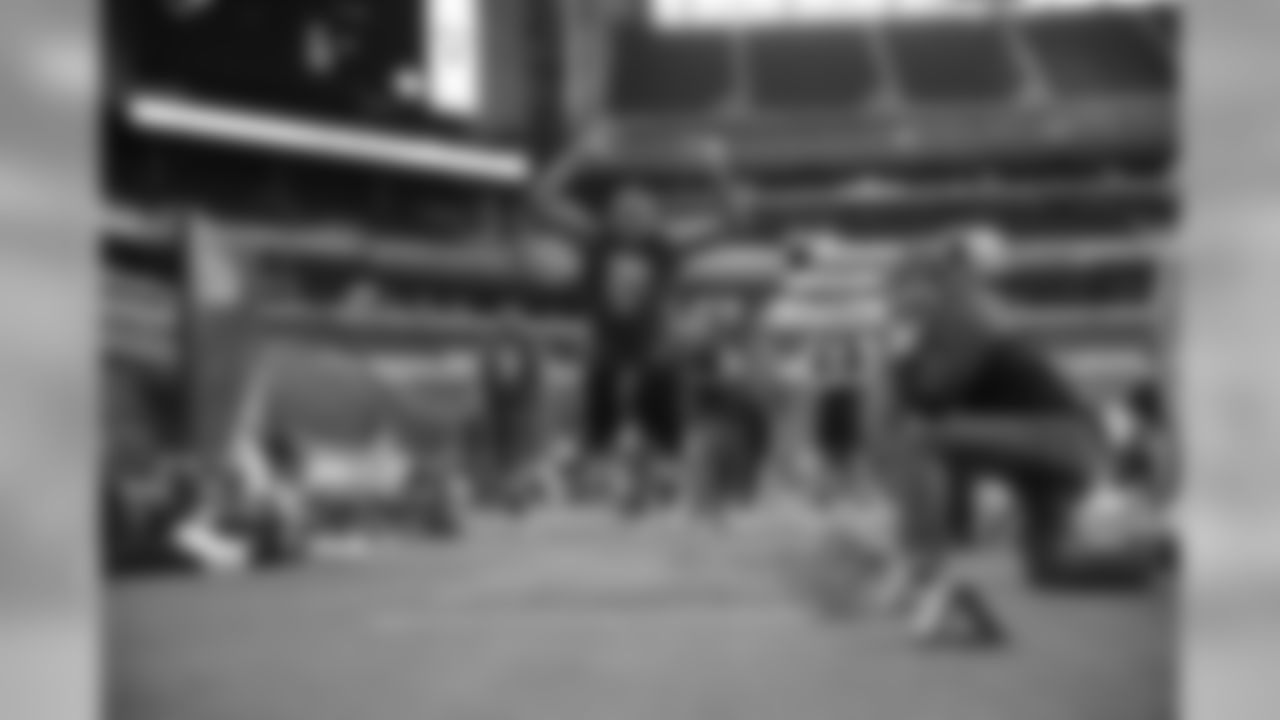 West Virginia defensive end Noble Nwachukwu does the long jump test at the NFL football scouting combine, Sunday, March 5, 2017 in Indianapolis. (AJ Mast via AP Images)