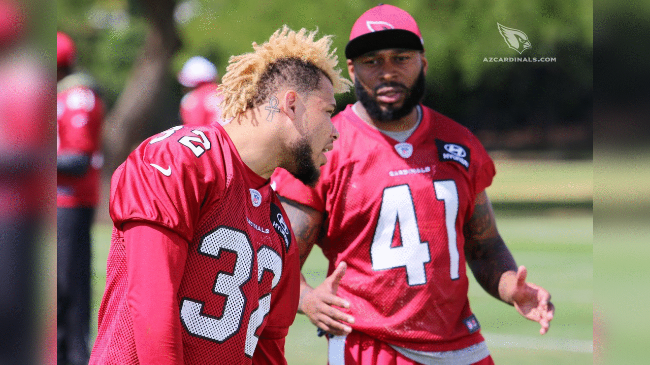 S Tyrann Mathieu (left) and S Antoine Bethea discuss a play
