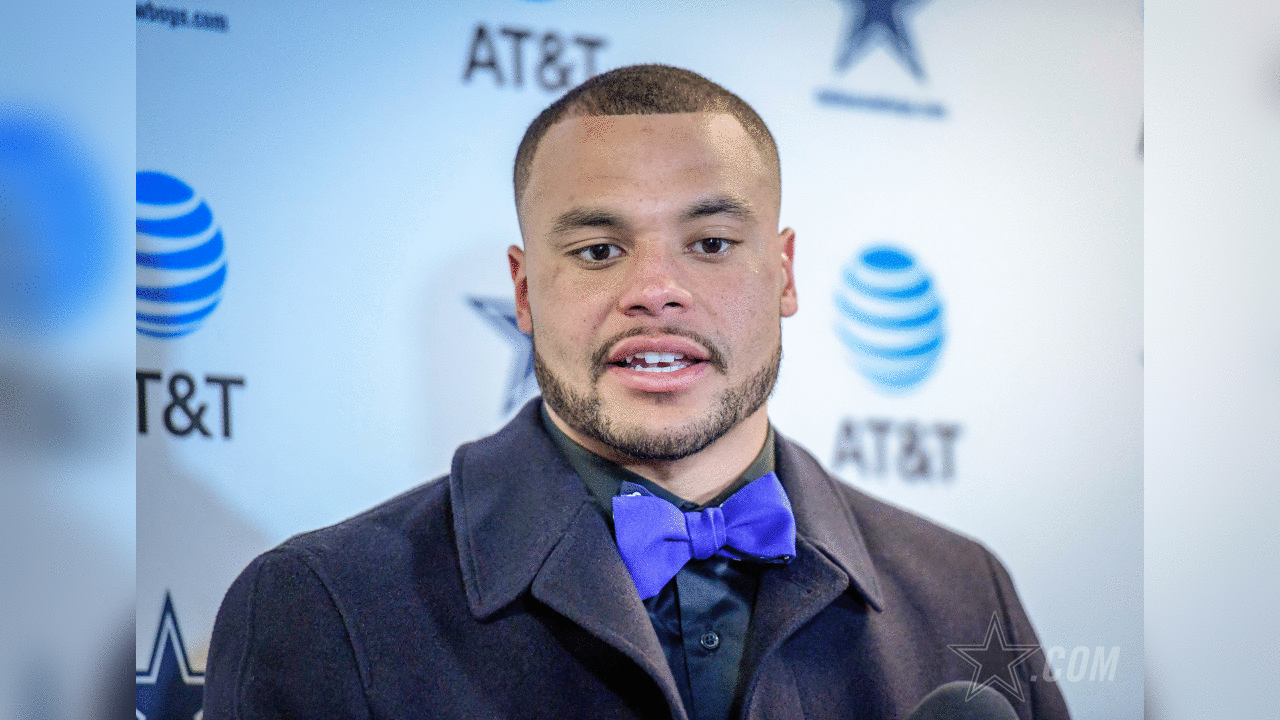 Dallas Cowboys quarterback Dak Prescott (4) answers questions after an NFL football game against the New York Giants, Sunday, Dec. 10, 2017, in East Rutherford, N.J. (AP Photo/Bill Kostroun)