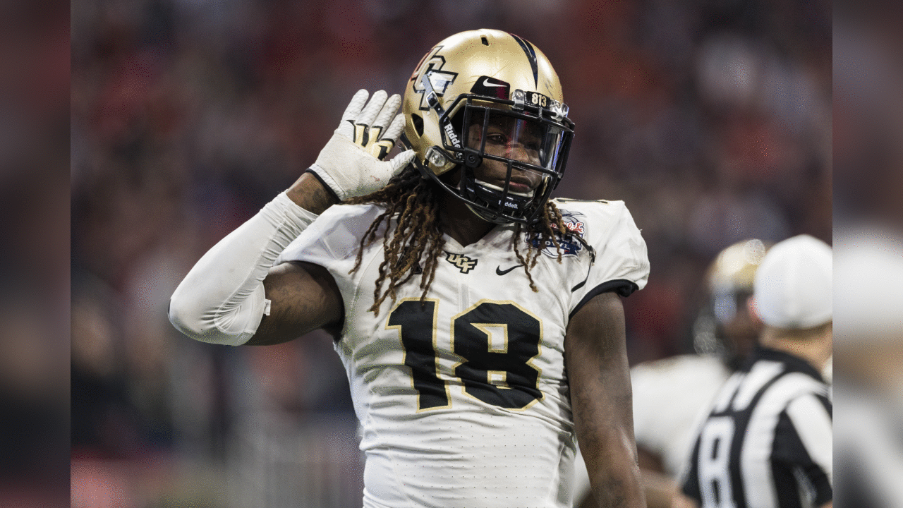 UCF Knights linebacker Shaquem Griffin (18) during the Peach Bowl NCAA college football game against the Auburn Tigers on Monday, Jan. 1, 2018 in Atlanta. (Ric Tapia via AP)