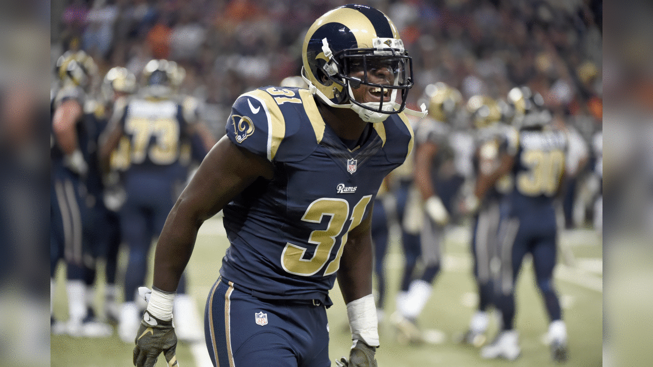 St. Louis Rams strong safety Maurice Alexander celebrates after recovering a fumble by Chicago Bears' Marc Mariani during the first quarter of an NFL football game Sunday, Nov. 15, 2015, in St. Louis. (AP Photo/L.G. Patterson)