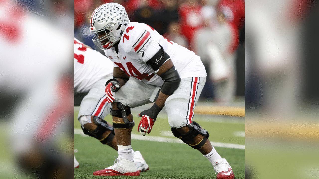 Ohio State offensive lineman Jamarco Jones (74) gets set for a play during the first half of an NCAA college football game against Iowa, Saturday, Nov. 4, 2017, in Iowa City, Iowa. (AP Photo/Charlie Neibergall)