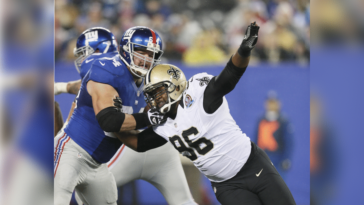 New Orleans Saints defensive tackle Tom Johnson (96) in action against the New York Giants at MetLife Stadium in East Rutherford, NJ, December 9, 2012. New York defeated New Orleans 52-27. (AP Photo/Damian Strohmeyer)