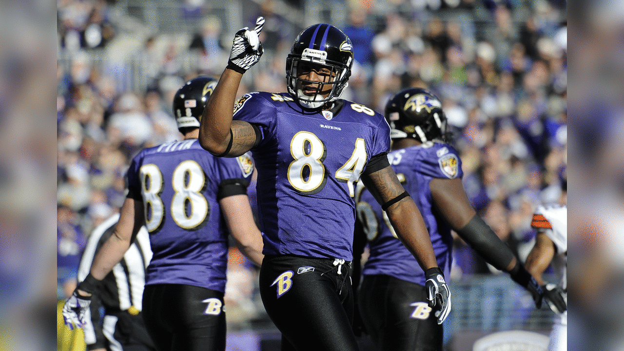 Baltimore Ravens tight end Ed Dickson (84) reacts after scoring a touchdown in the first half of an NFL football game against the Cleveland Browns in Baltimore, Saturday, Dec. 24, 2011. (AP Photo/Nick Wass)
