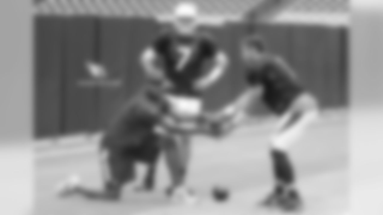 Day 17: QB Trevor Knight (right) runs through drills with coach Byron Leftwich (left)