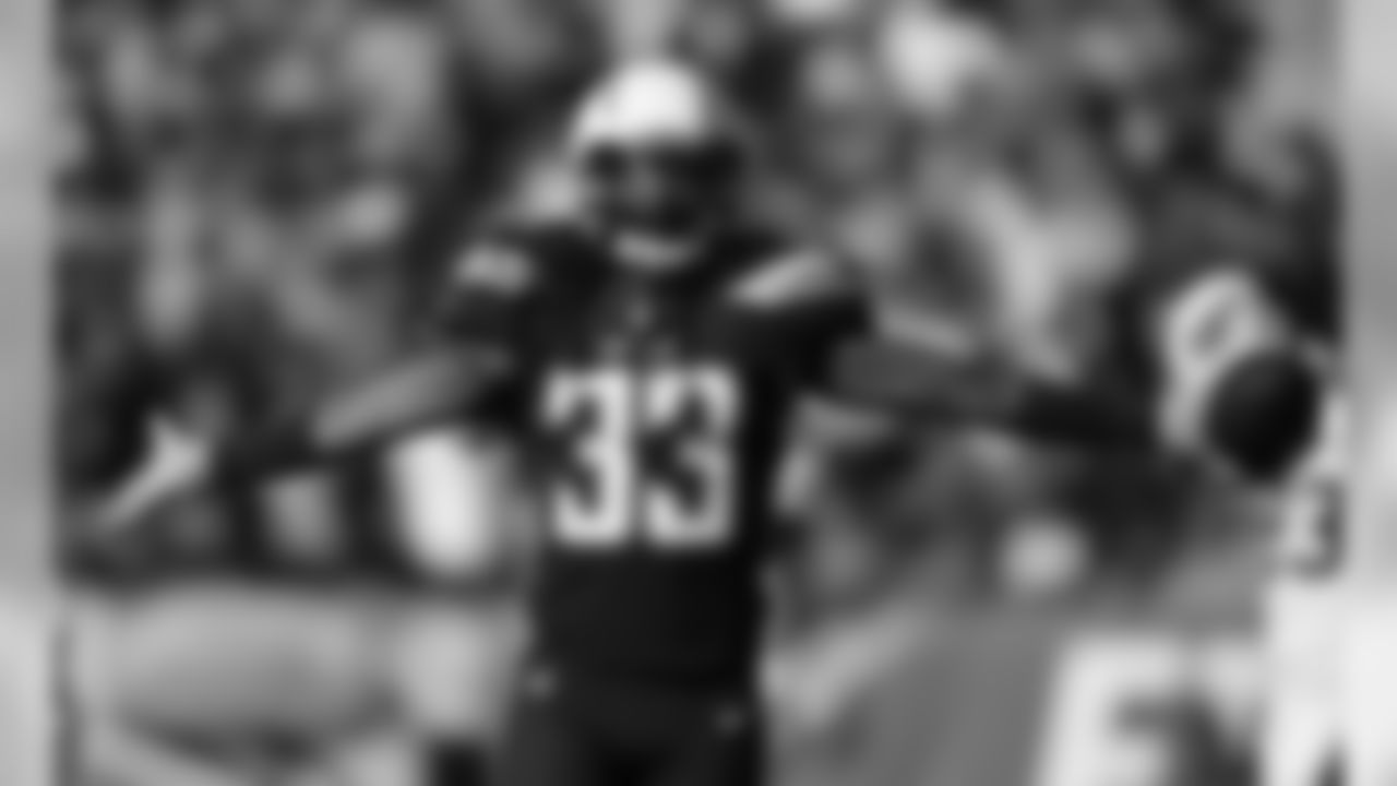 Los Angeles Chargers free safety Tre Boston celebrates after his interception against the Buffalo Bills during the first half of an NFL football game Sunday, Nov. 19, 2017, in Carson, Calif. (AP Photo/Jae C. Hong)