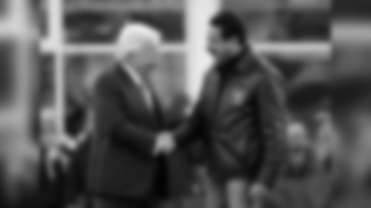 New England Patriots owner Robert Kraft, left, shakes hands with Jacksonville Jaguars owner Shahid Khan before the AFC championship NFL football game, Sunday, Jan. 21, 2018, in Foxborough, Mass. (AP Photo/Steven Senne)