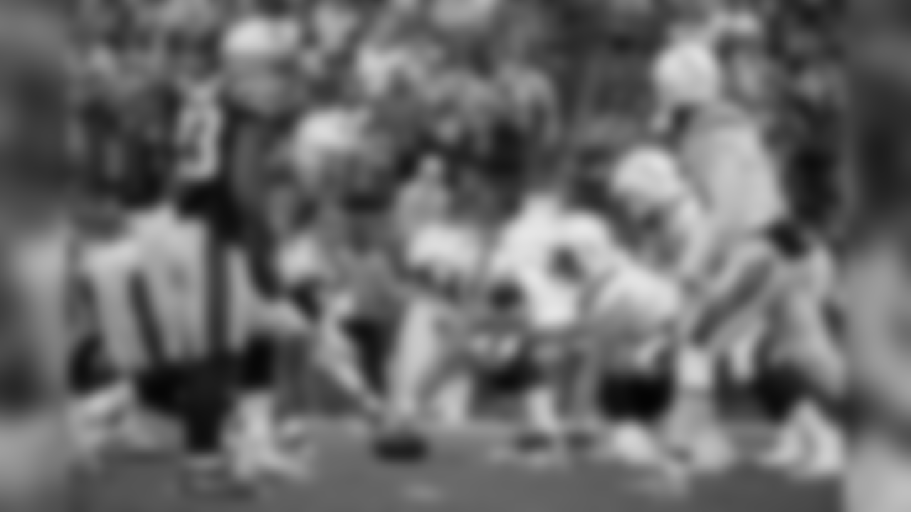 The New England Patriots and Los Angeles Chargers face off at the line of scrimmage during the first half of an NFL football game, Sunday, Oct. 29, 2017, in Foxborough, Mass. (AP Photo/Michael Dwyer)