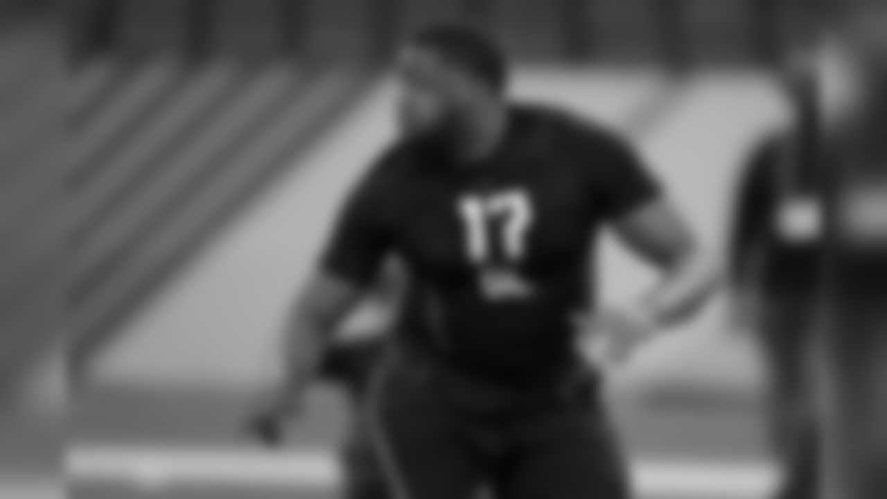 Ohio State offensive lineman Jamarco Jones runs a drill at the NFL football scouting combine in Indianapolis, Friday, March 2, 2018. (AP Photo/Michael Conroy)