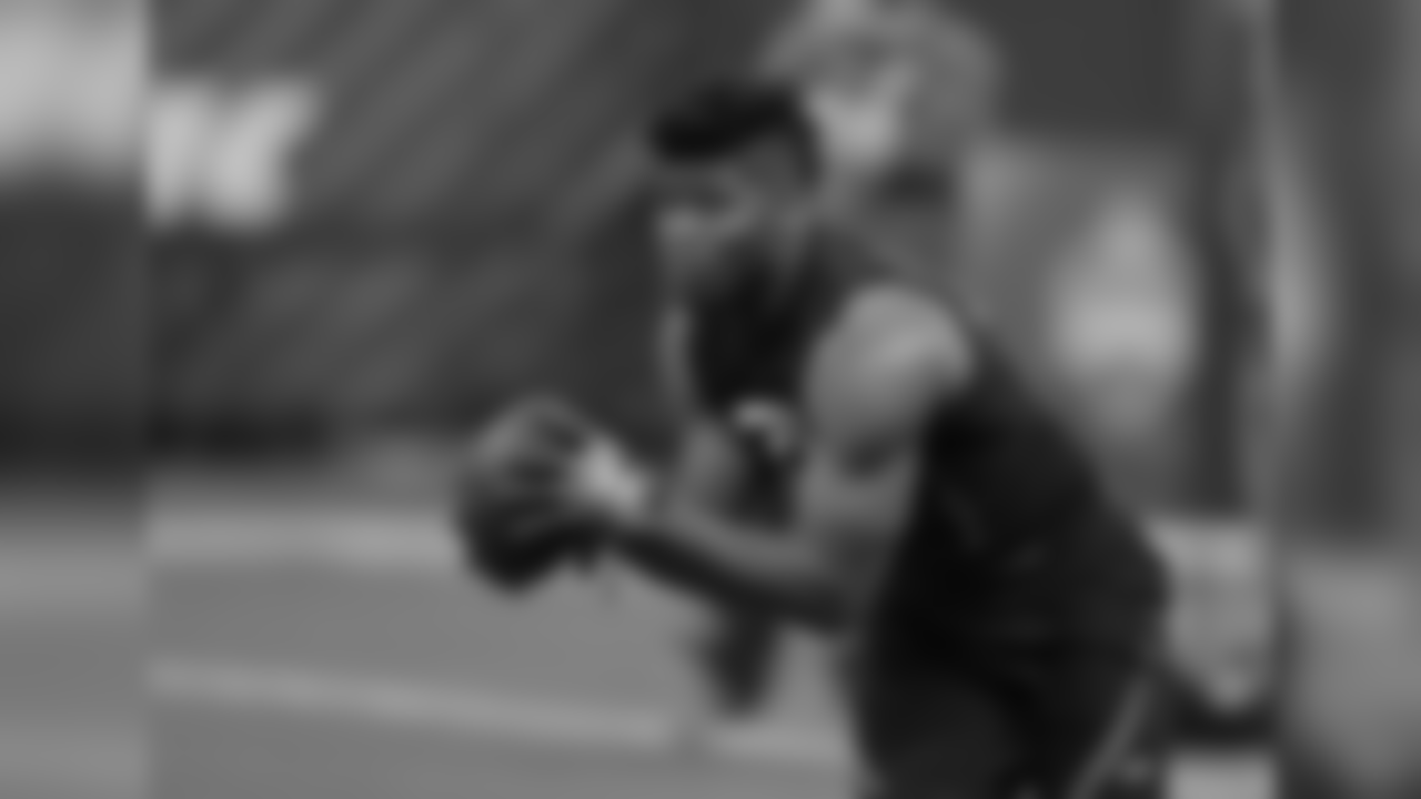 San Diego State running back Rashaad Penny runs a drill during the NFL football scouting combine, Friday, March 2, 2018, in Indianapolis. (AP Photo/Darron Cummings)