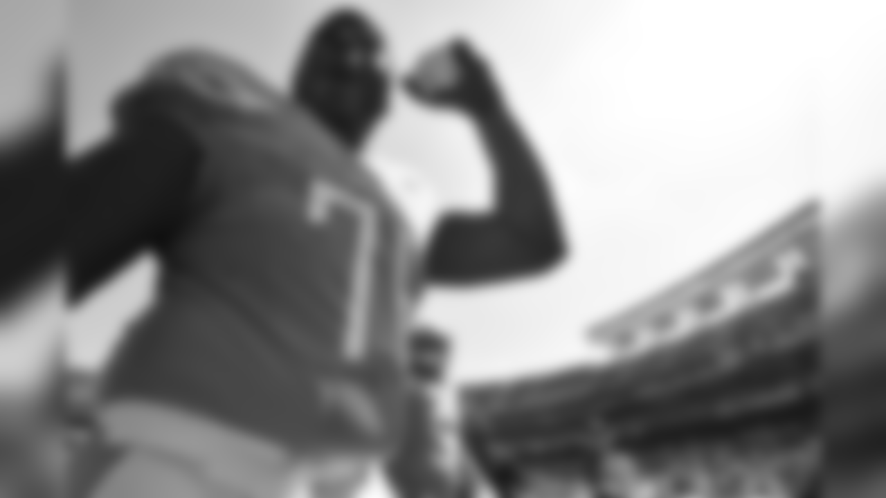 San Diego Chargers tackle D.J. Fluker reacts to the crowd before playing the Kansas City Chiefs in an NFL football game Sunday, Oct. 19, 2014, in San Diego. (AP Photo/Denis Poroy)