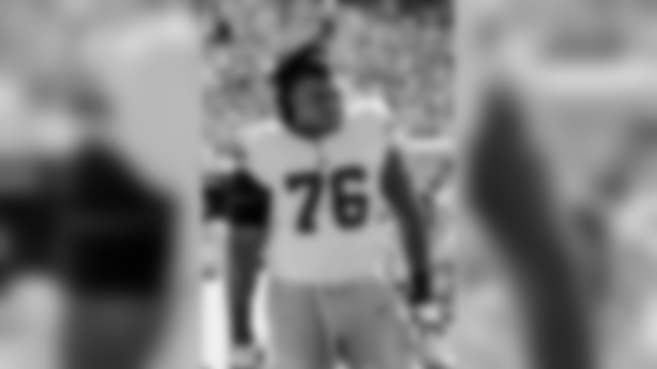 New York Giants offensive tackle D.J.Fluker looks on from the sidelines against the Philadelphia Eagles during a NFL football game on Sunday, Sept. 24, 2017, in Philadelphia. The Eagles won 27-24. (G. Newman Lowrance via AP)