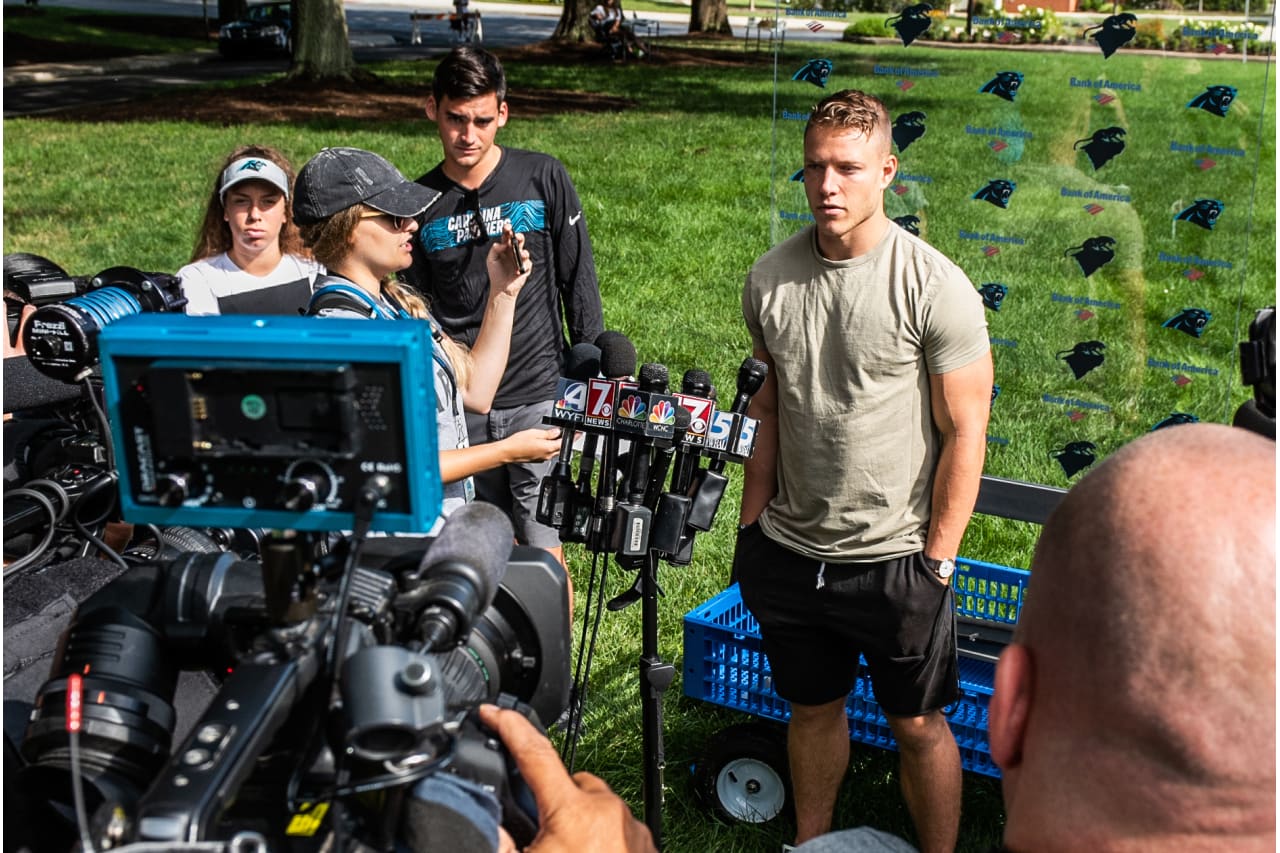 Players arrive at Wofford College Wednesday, July 25, for the Carolina Panthers Training Camp in Spartanburg, South Carolina.