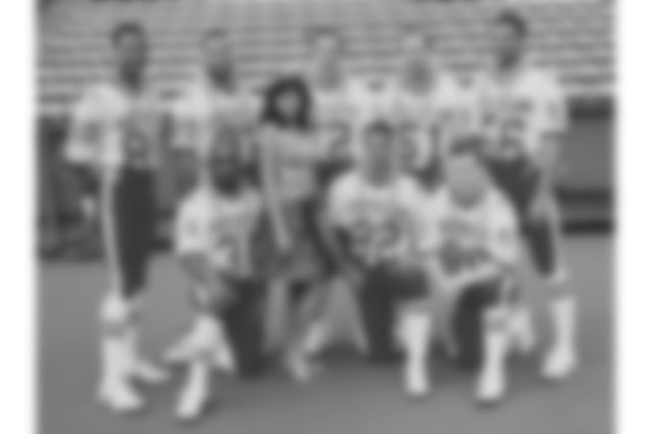 Back Row (L to R): WR James Lofton, LB Cornelius Bennett, QB Jim Kelly, G Jim Ritcher, LB Darryl Talley. Front Row (L to R): RB Thurman Thomas, WR Andre Reed, WR Steve Tasker (1991)