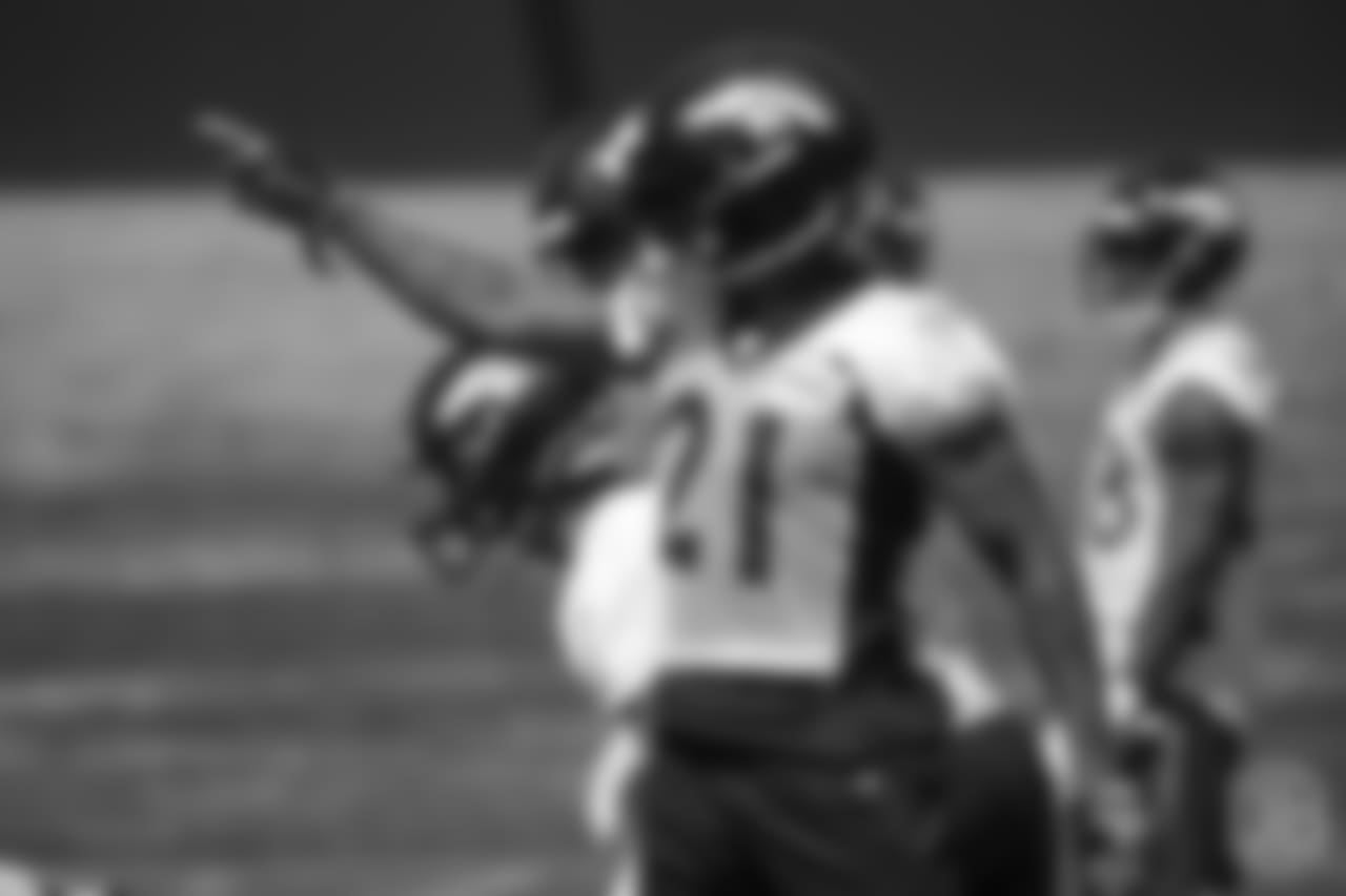 safety Su'a Cravens (21) points at the office at the ninth day of OTAs on June 6, 2018 at UCHealth Training Center.