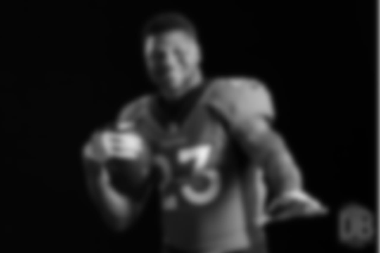 Running back Devontae Booker (23) poses for photos during the media sessions with network photographers and videographers on June 12, 2018.