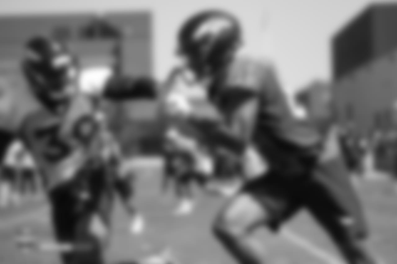 Cornerback Michael Hunter (39) defends wide receiver Tim Patrick (81) during the 11th day of training camp on August 9, 2018, at UCHealth Training Center.