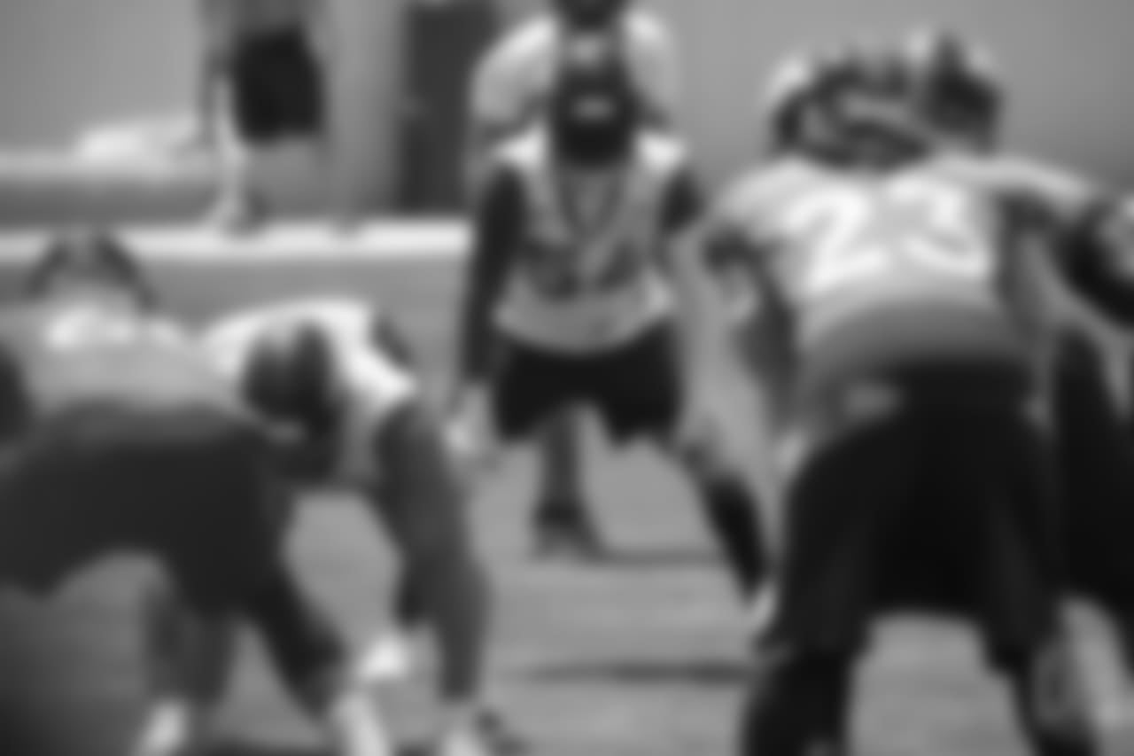 inside linebacker Brandon Marshall (54) peers into the offensive backfield at the ninth day of OTAs on June 6, 2018 at UCHealth Training Center.