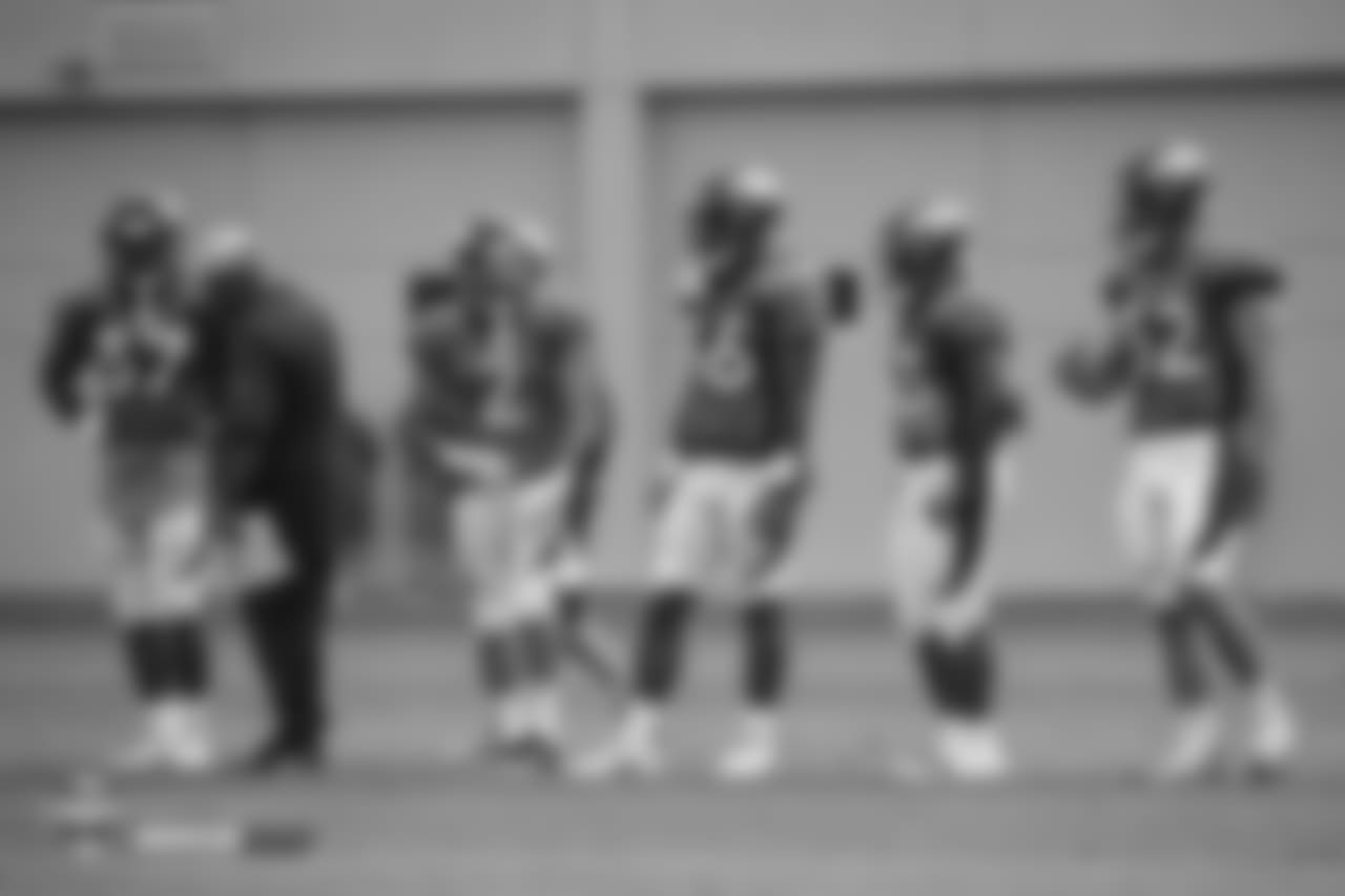 Running backs Royce Freeman, Phillip Lindsay, Dave Williams, De'Angelo Henderson and fullback Andy Janovich (32) at the fifth day of training camp on August 1, 2018, at UCHealth Training Center.