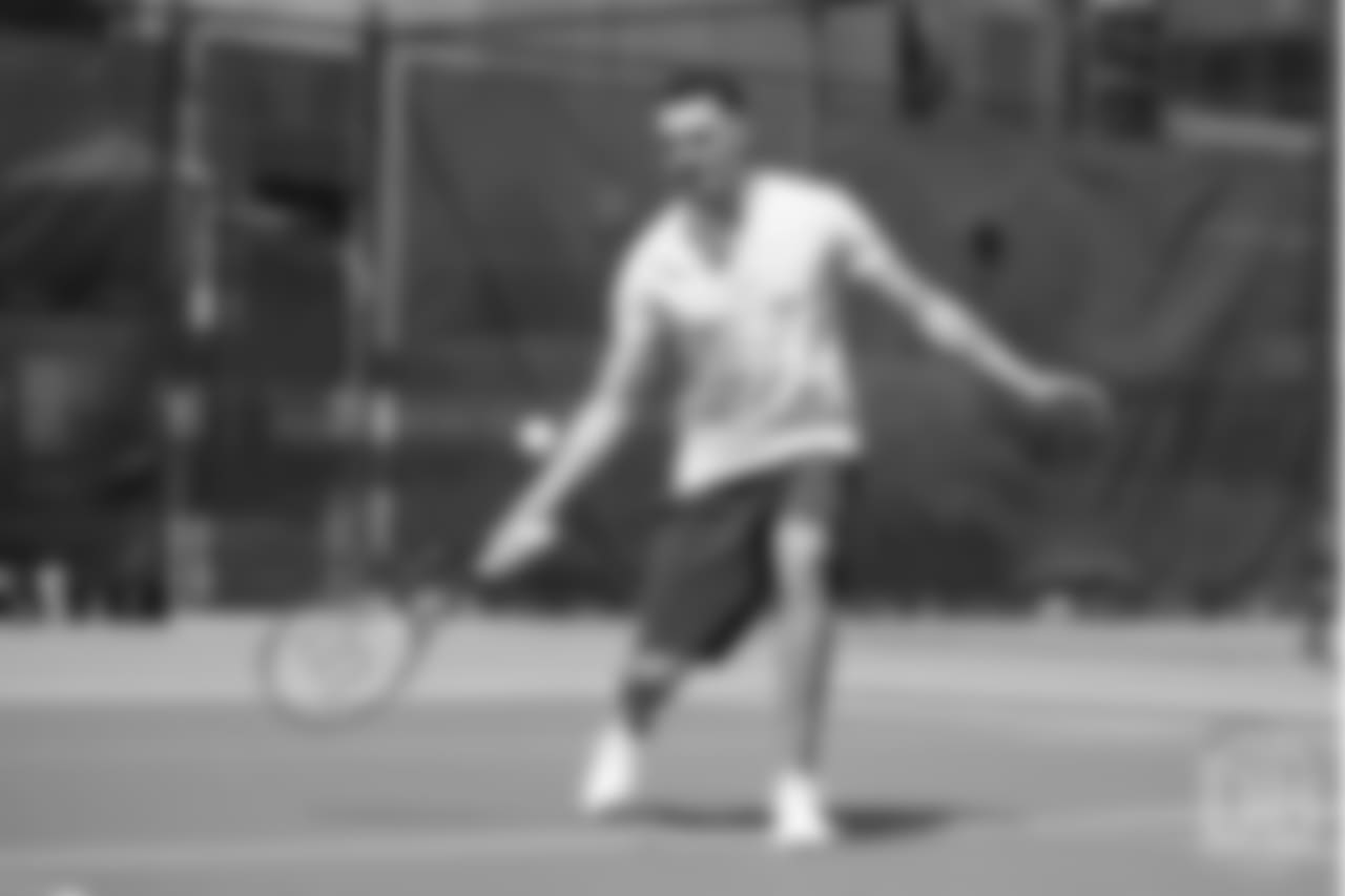 Safety Justin Simmons tries his hand at tennis as part of a video series from Broncos TV at Greenwood Athletic and Tennis Club on June 18, 2018.