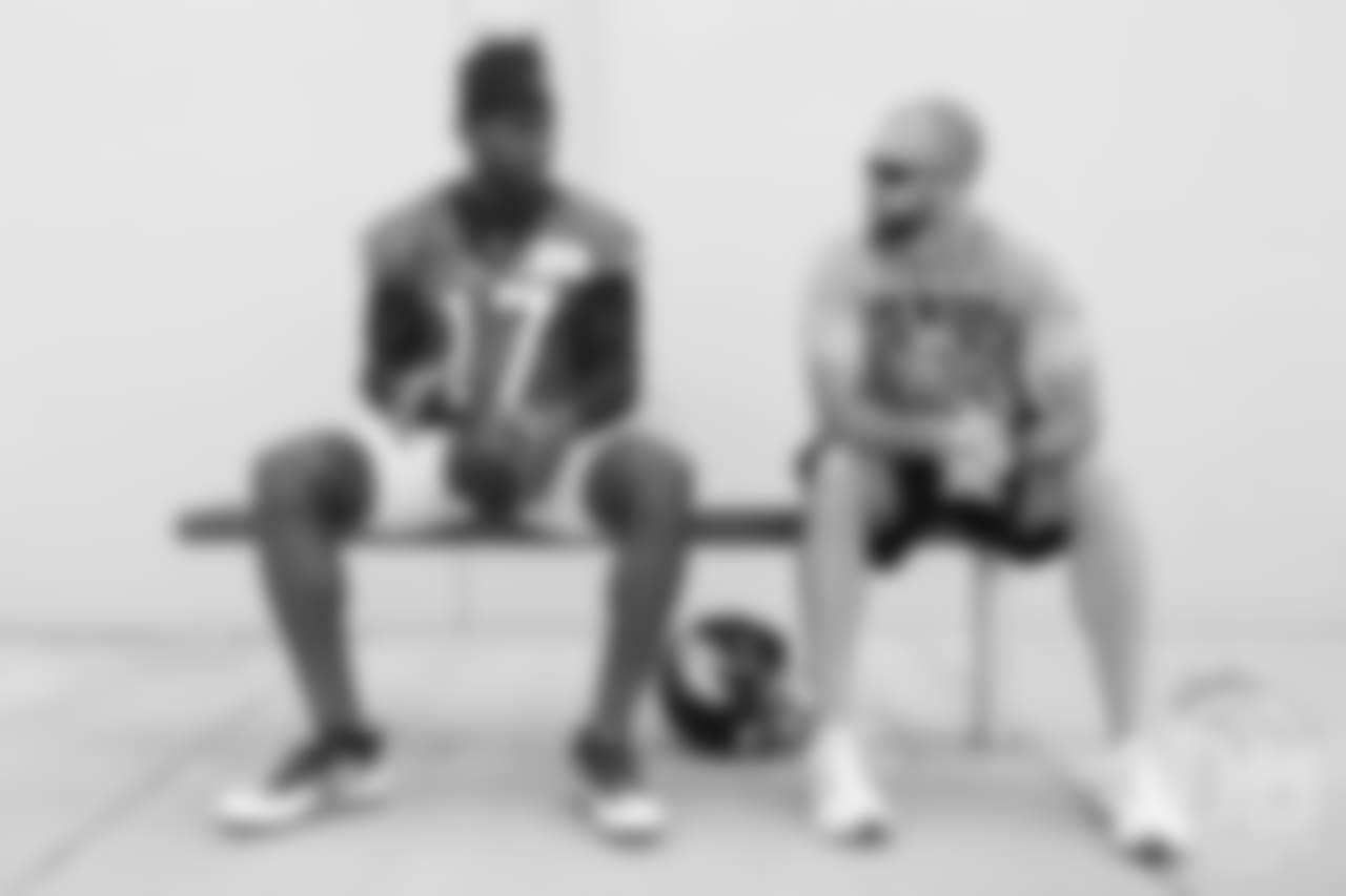 wide receiver DaeSean Hamilton (17) and Wide Receivers Coach Zach Azzanni talk before practice at the eighth day of OTAs on June 5, 2018.