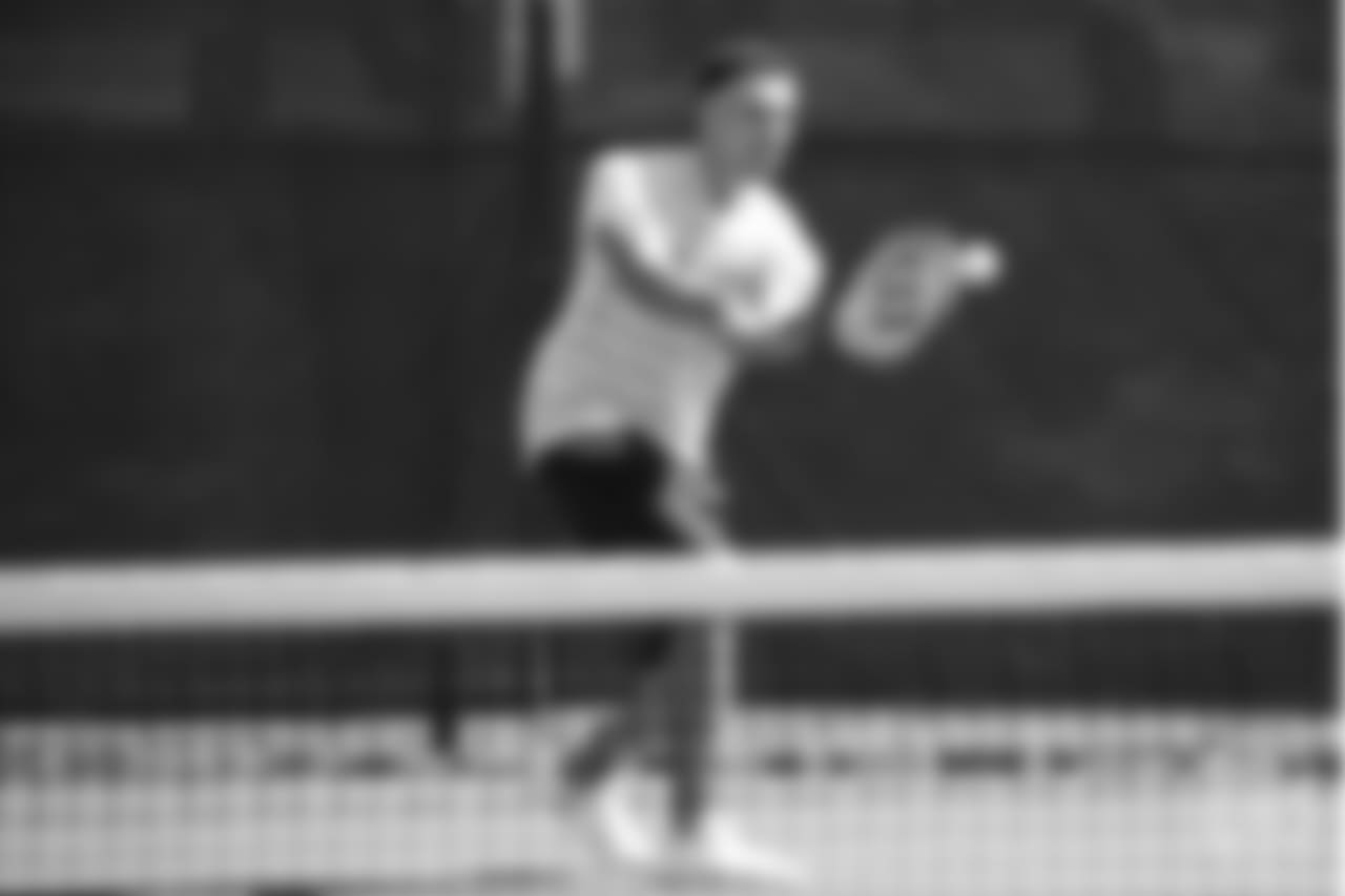 Safety Justin Simmons tries his hand at tennis as part of a video series from Broncos TV at Greenwood Athletic and Tennis Club on June 18, 2018.