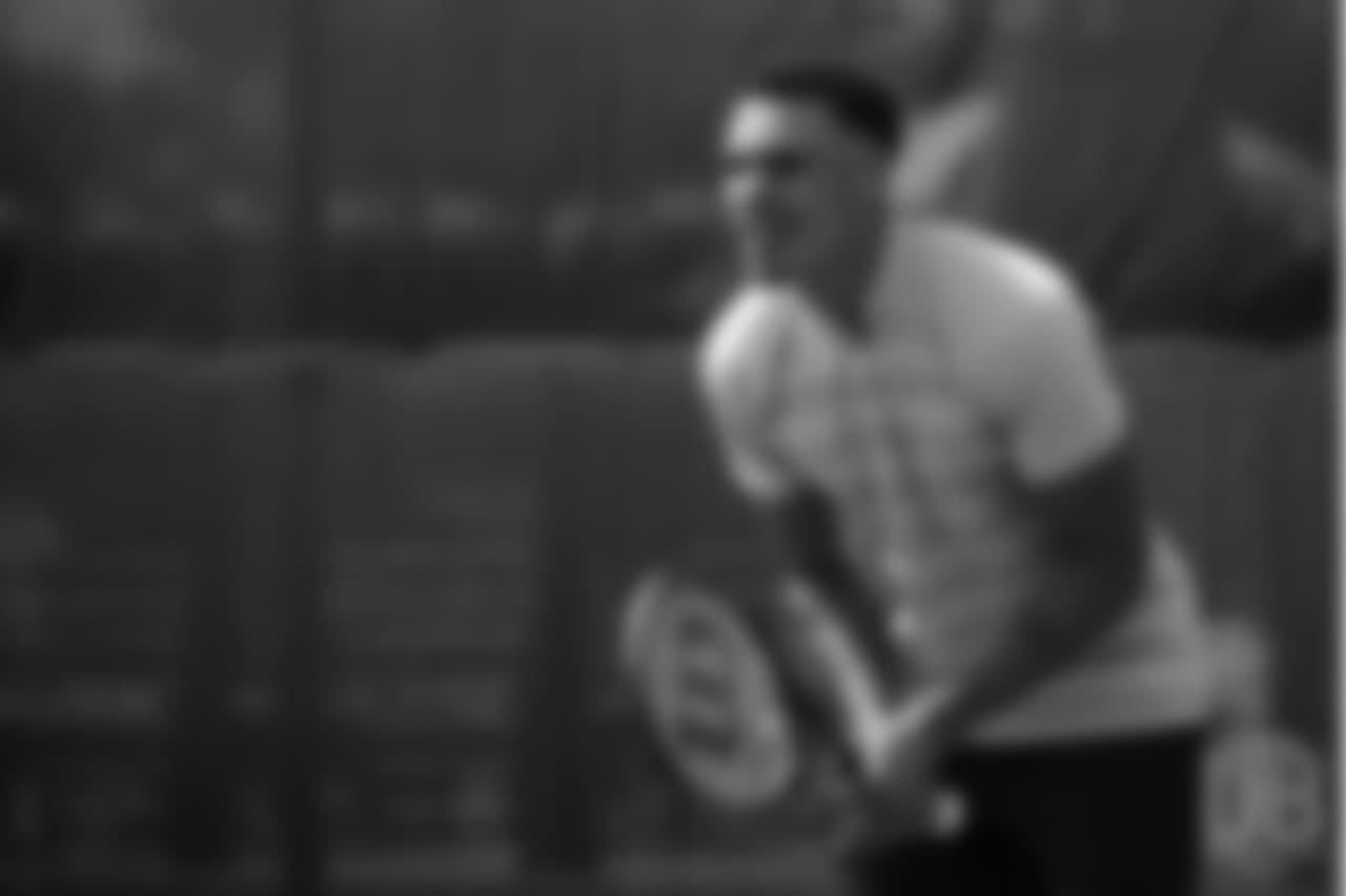 Safety Justin Simmons tries his hand at tennis as part of a video series from Broncos TV at Greenwood Athletic and Tennis Club on June 18, 2018.