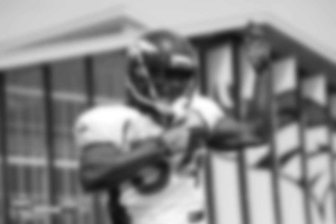 Safety Will Parks (34) does a little dance at the fifth day of training camp on August 1, 2018, at UCHealth Training Center.