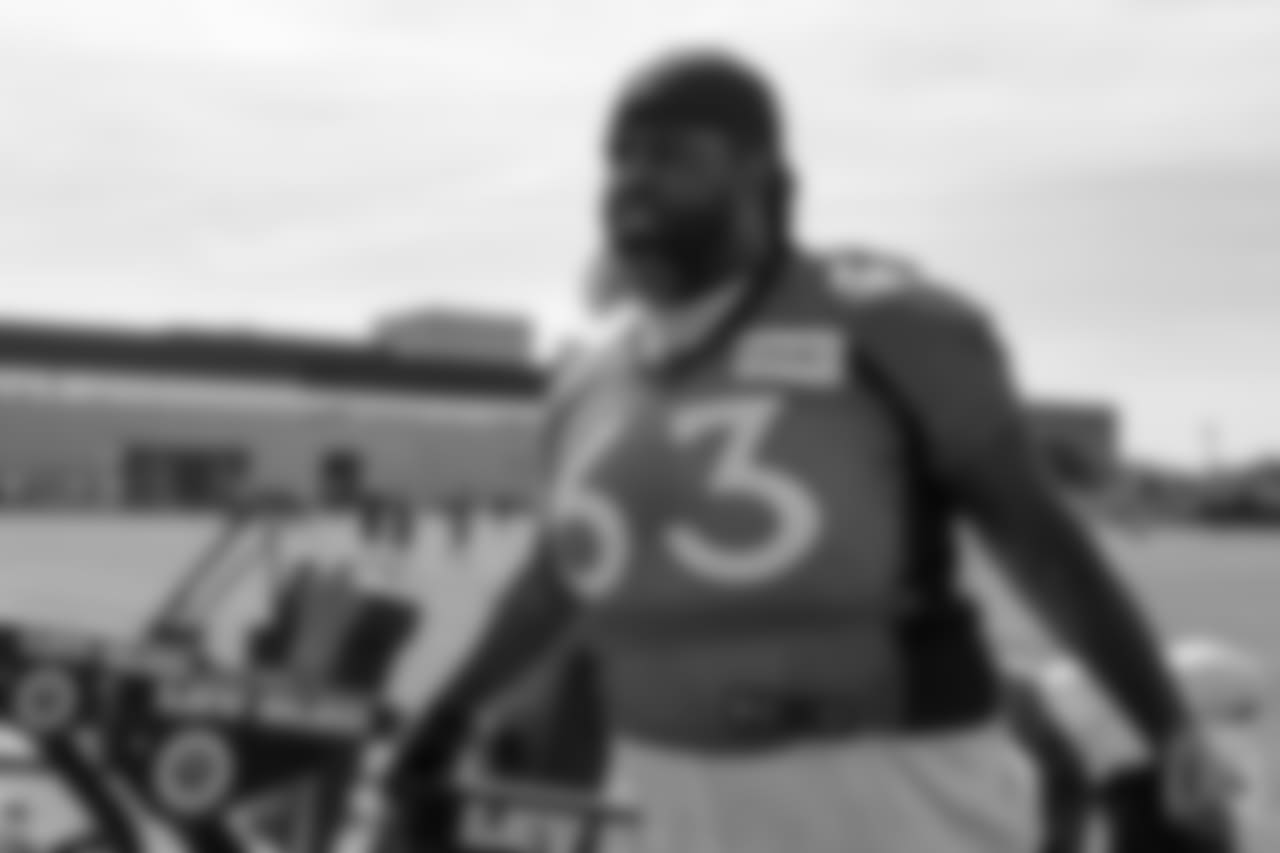 tackle Leon Johnson (63) at the ninth day of OTAs on June 6, 2018 at UCHealth Training Center.