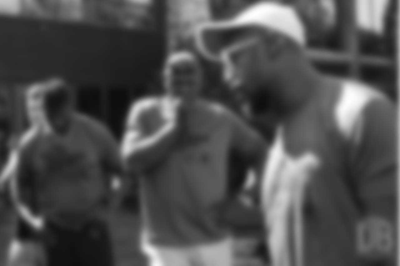 Bruce Smith watches Von Miller during the on-field portion of Von Miller's Pass Rush Summit, which included hands-on instruction and drills, on June 28, 2018.